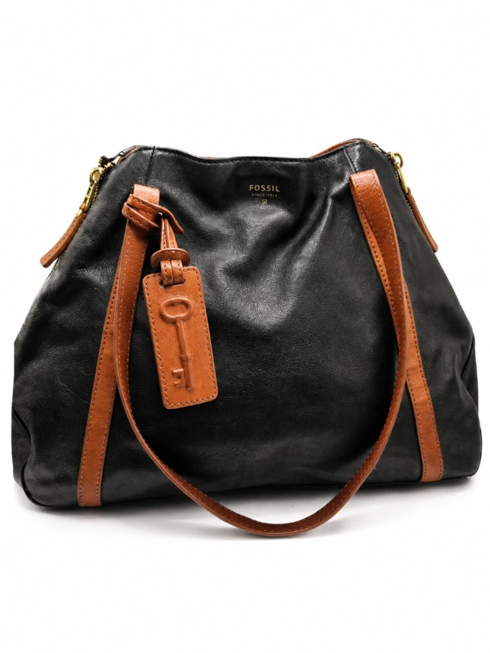 Fossil SHB1330 Black Leather Tote Cognac Trim Expandable Bag